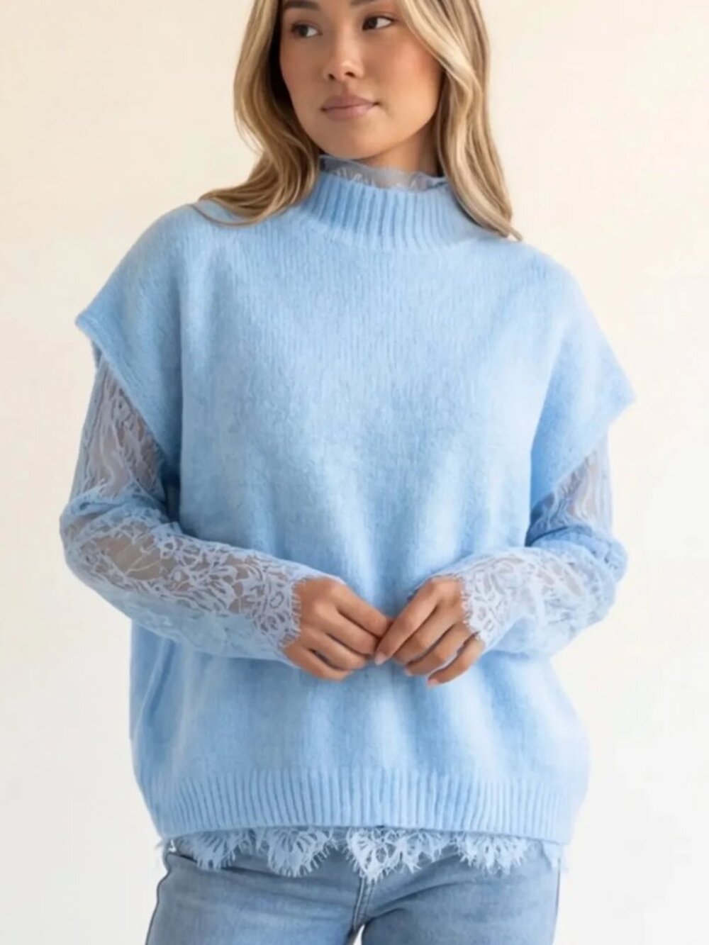 NWT JS Millenium (from Paris, FR)  Lace-Trim Mock Neck Sweater - One Size